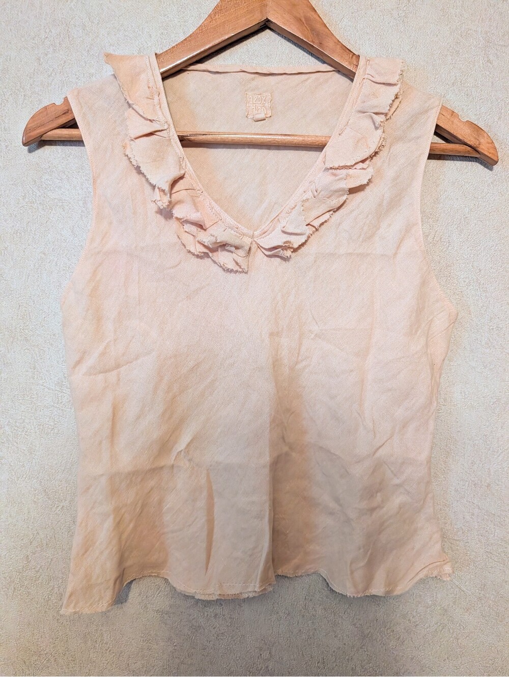 120% LINO beige linen ruffle v-neck blouse sz 38/2